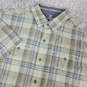 Kuhl Mens Large Brown Plaid Button Up Short Sleeve Workshirt Linen Blend